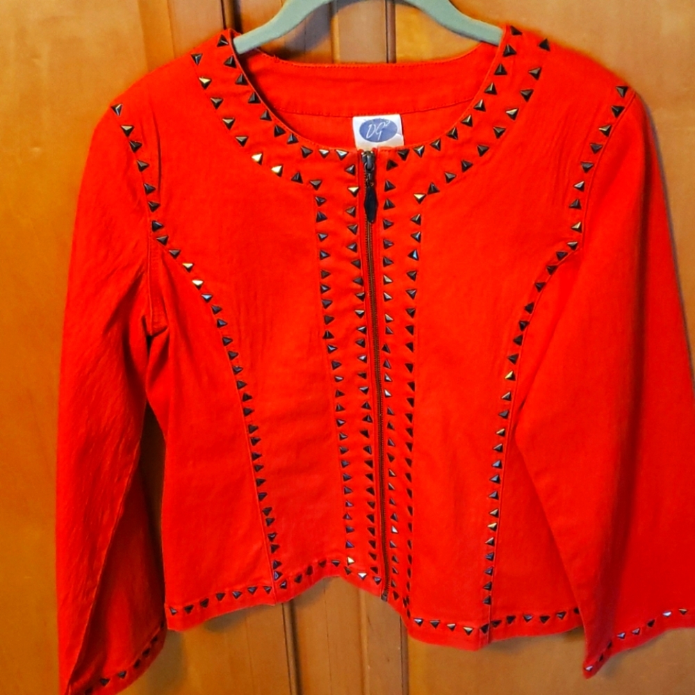 Diane Gilman studded red zip up jacket so med
